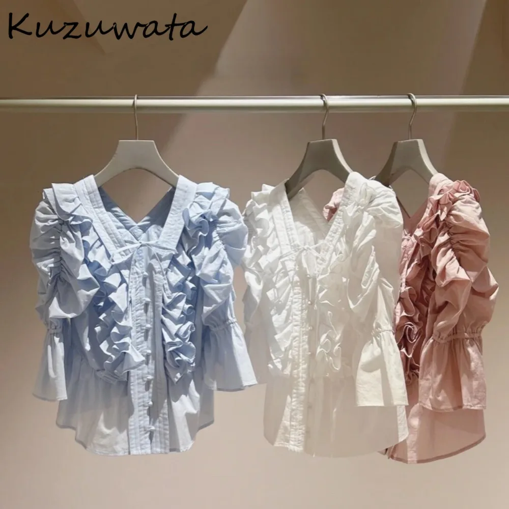 Kuzuwata New V Neck Flare Sleeve Sweet Shirt Single Breasted Elegant All-match Lace Up Blouses Japan Ruffles Moda Casual Blusas