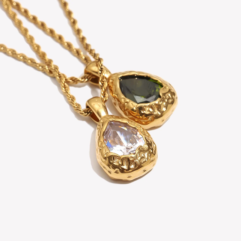 E.B.belle Trendy Hammered Teardrop CZ Necklace 18K Gold Plated Twist Rope Chain Fashion Women Pendant Jewelry Party Gift