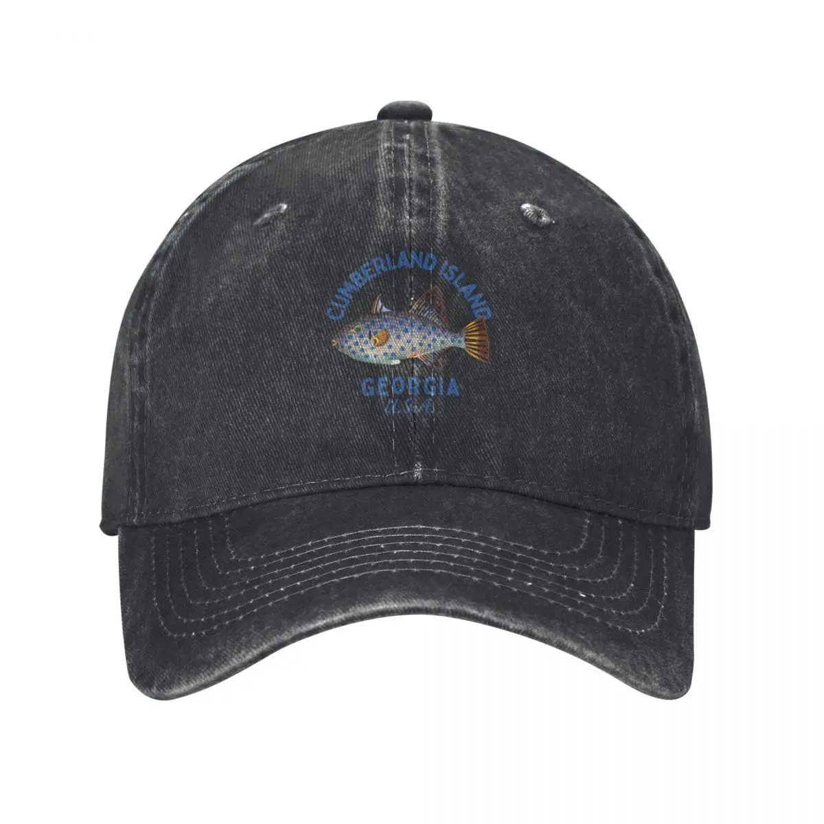 

Retro Fish Cumberland Island Georgia- Navy Text- Island / Beach Baseball Cap Sunscreen Golf Men's Luxury Women's