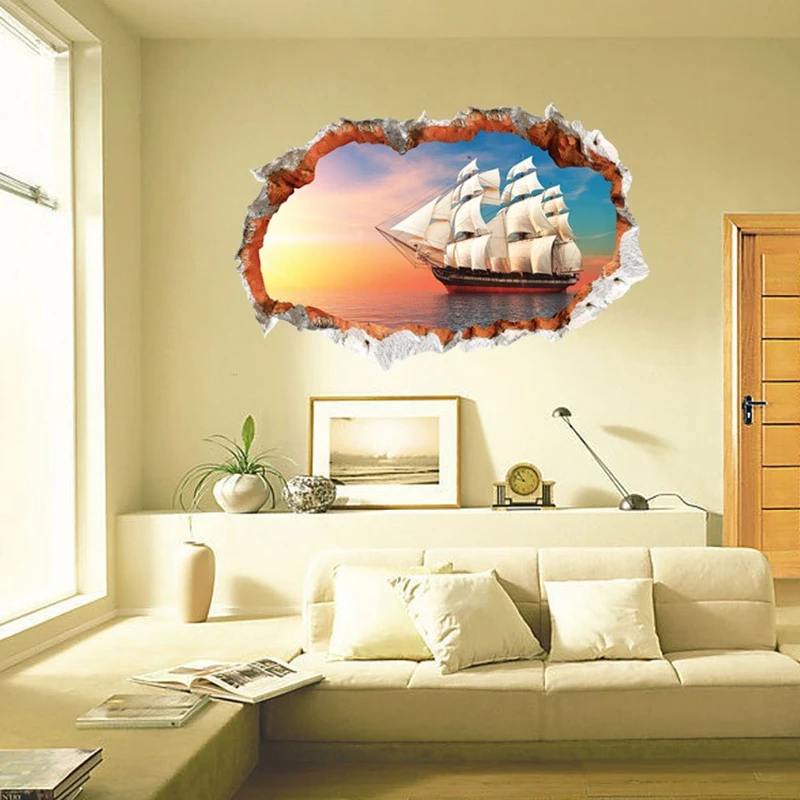 Sailboat on Sea Mural Broken Wall Hole Art Ocean Sunrise View Vinyl Poster Stickers for Home Office Room Decoration Removable