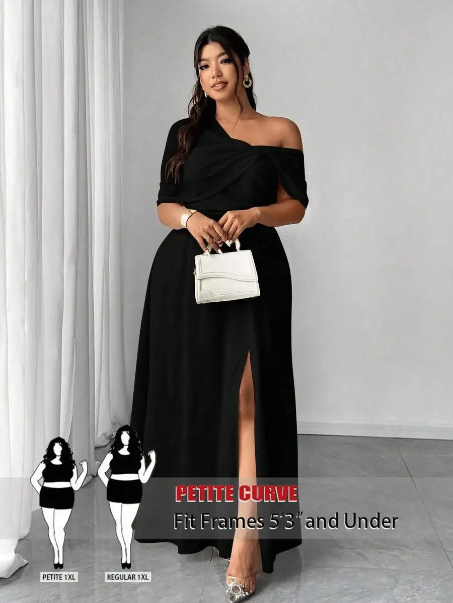 

Petite Curve Black One-Shoulder Chiffon Maxi Dress with Side Slit for Formal Events