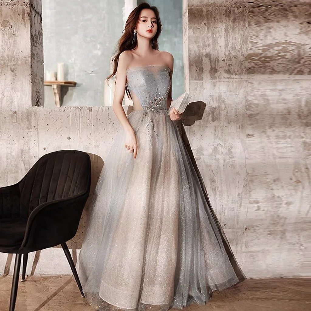 Gray Cocktail Dress Strapless Sequins Beading A-line Tulle Strapless Lace-up Boat Neck Luxury Evening Graduation Celebrity Gowns