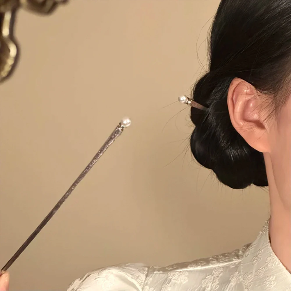 1pc Minimalist Silver Pearl Hair Stick Simple Metal Hairpin Vintage Hanfu Qipao Bun Hair Ornament Daily Wear Hair Accessories