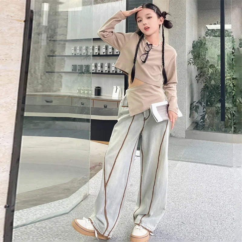 

Girls Suits Spring and Autumn Set 2024 New Korean Version Skinny Denim Wide-leg Pants Two-piece Set Clothes Fashion Suits