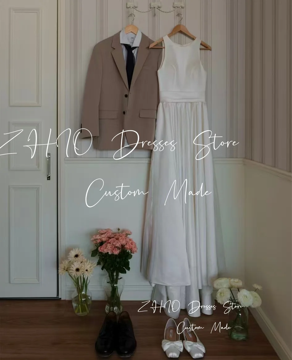 ZHIO 우아한 화이트 새틴 웨딩 파티 드레스 O넥 드레이프드 A라인 한국 포토 촬영 신부 드레스 이브닝 드레스 맞춤 웨딩드레스