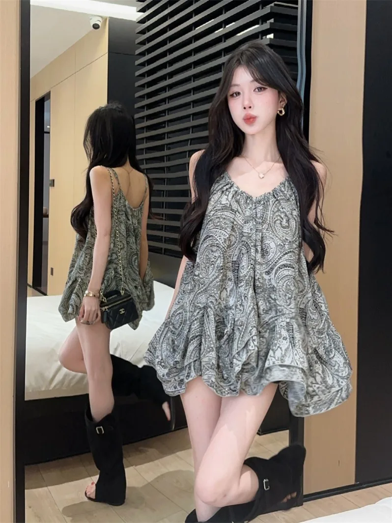 Retro Vacation Floral Print V-Neck Strapless Vest Women Summer Design Asymmetrical Lace Hem Sleeveless Skirt Upper Body