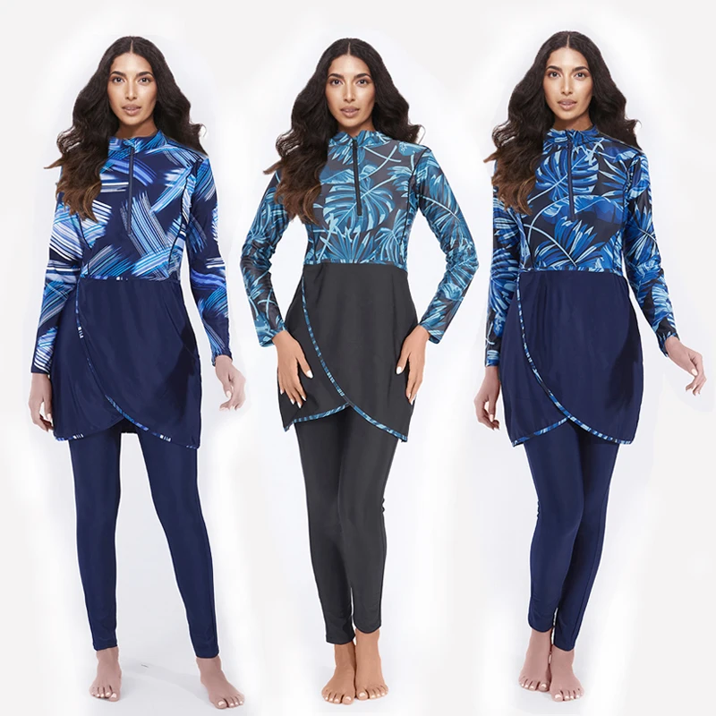 

3PCS/Set Modest Burkini Women Muslim Islamic Swim Suit Swimwear Women Swimsuit Tropical Plants