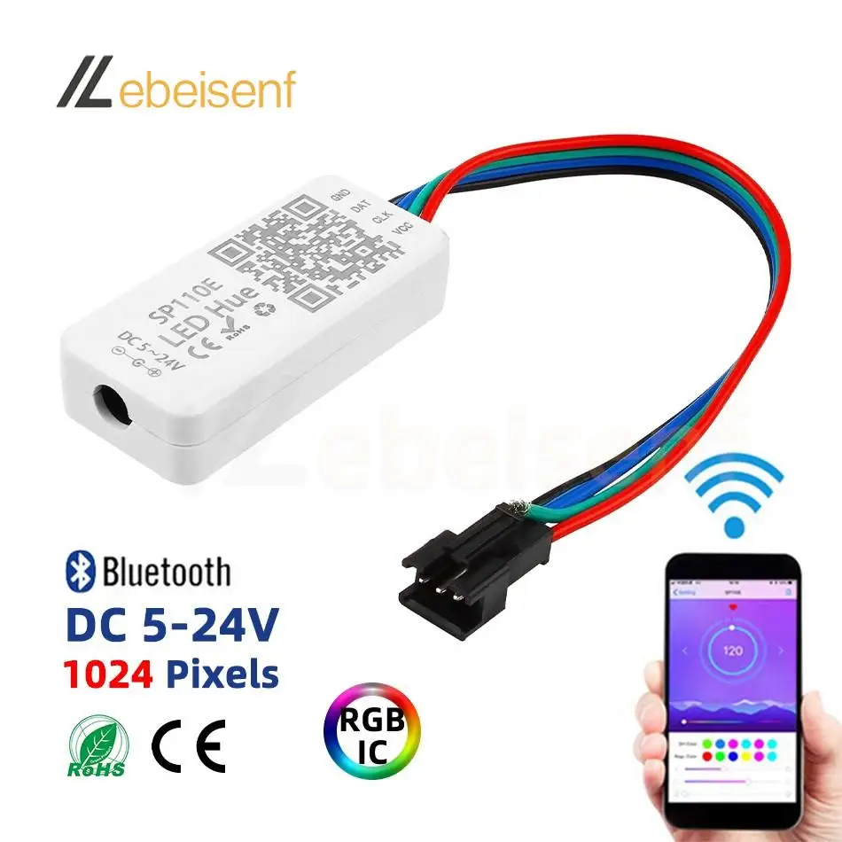 SP110E Kontroler RGB Bluetooth Smart APP 5V 12V 24V 1024 pikseli dla WS2811 WS2812B APA102 SK6812 SPI Adresowalna taśma LED