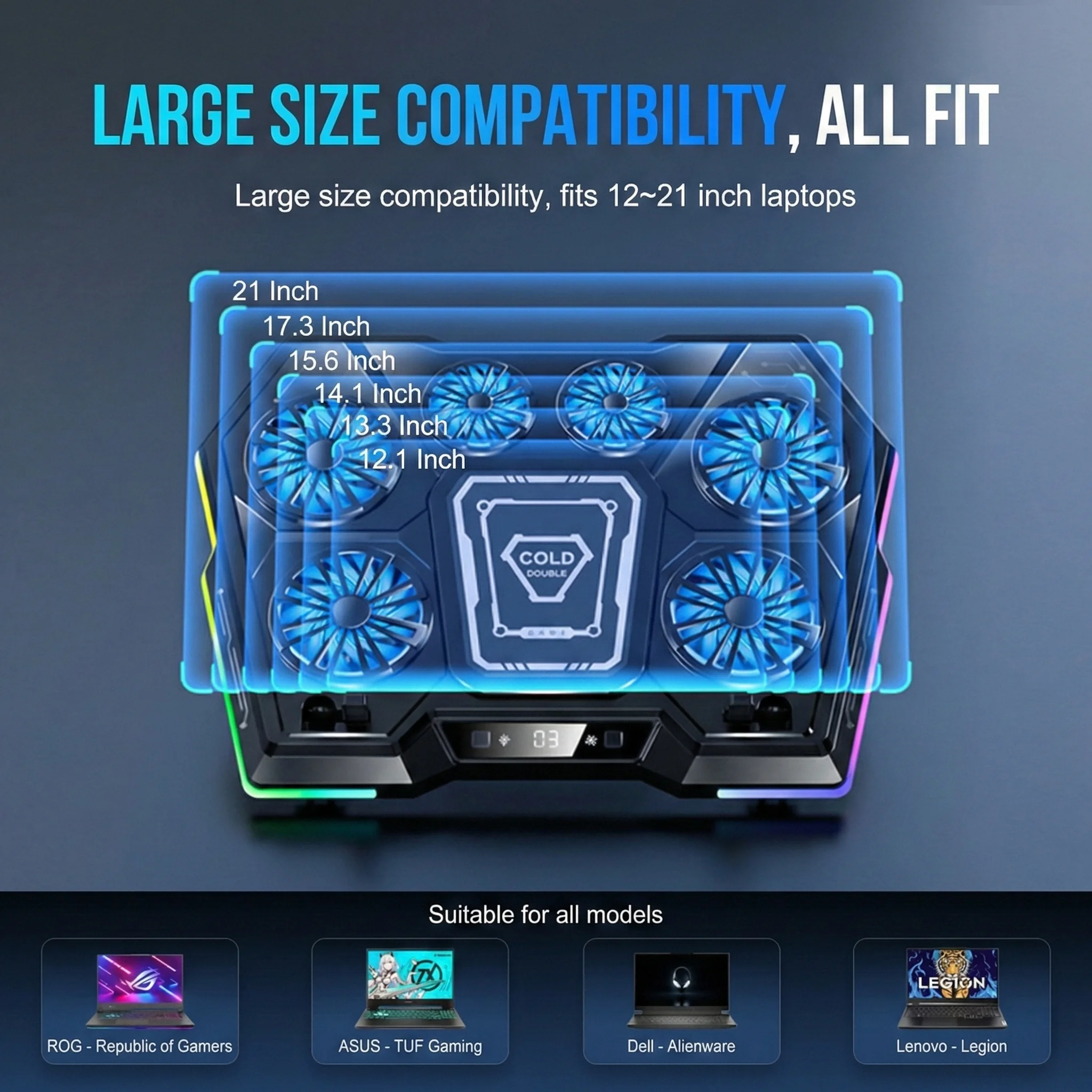 RGB USB Gaming Laptop Cooler Stand Fan Device 11-17.3 Inch Aluminum Plastic Air-Cooled Six Fans