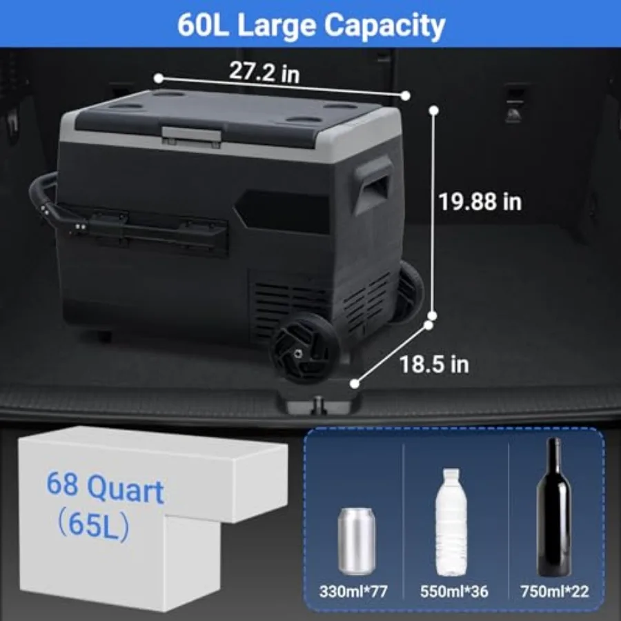 ثلاجة سيارة محمولة سعة 68 لترًا سعة 65 لترًا مع مصدر طاقة 12/24 فولت تيار مستمر، تصميم فتح غطاء ثنائي الاتجاه، سلة قابلة للإزالة، عجلات متكاملة #6