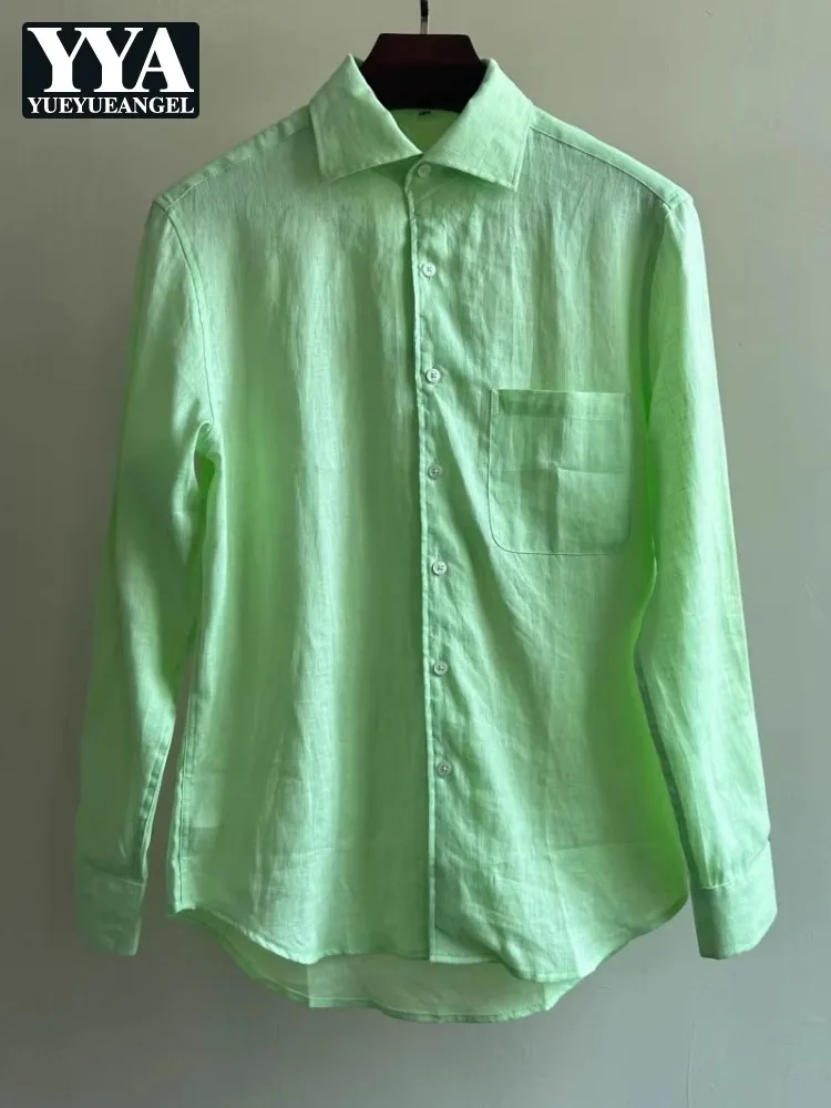 

New Linen Long Sleeve Business Casual Mens Shirts Solid Color Tops Turndown Collar Single Breasted Breathable Pocket Thin Shirt