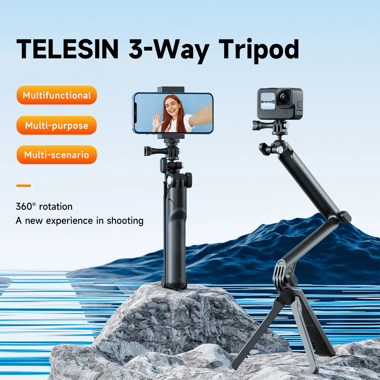 TELESIN 3 way Selfie Stick avec trépied poignée perche pour GoPro Hero Insta360 DJI Action téléphone intelligent Action caméra accessoires