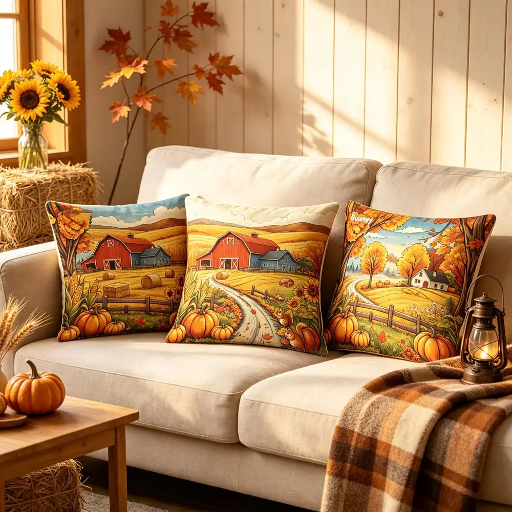 Vintage Country Farm Fall Pillow Cover Autumn Wheat Field Sunflower Pumpkin Decorative Cushion Cover Thanksgiving Halloween Sofa
