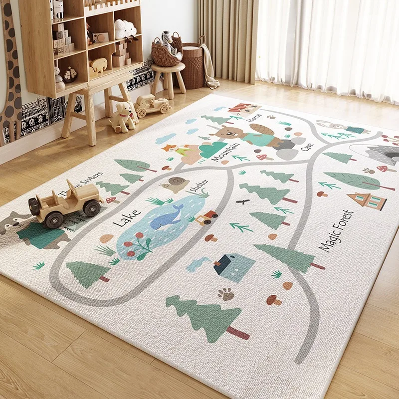 Kids Educational Rugs Collection World Map City Road Magic Forest Designs Large Play Mat for Children Room Decor