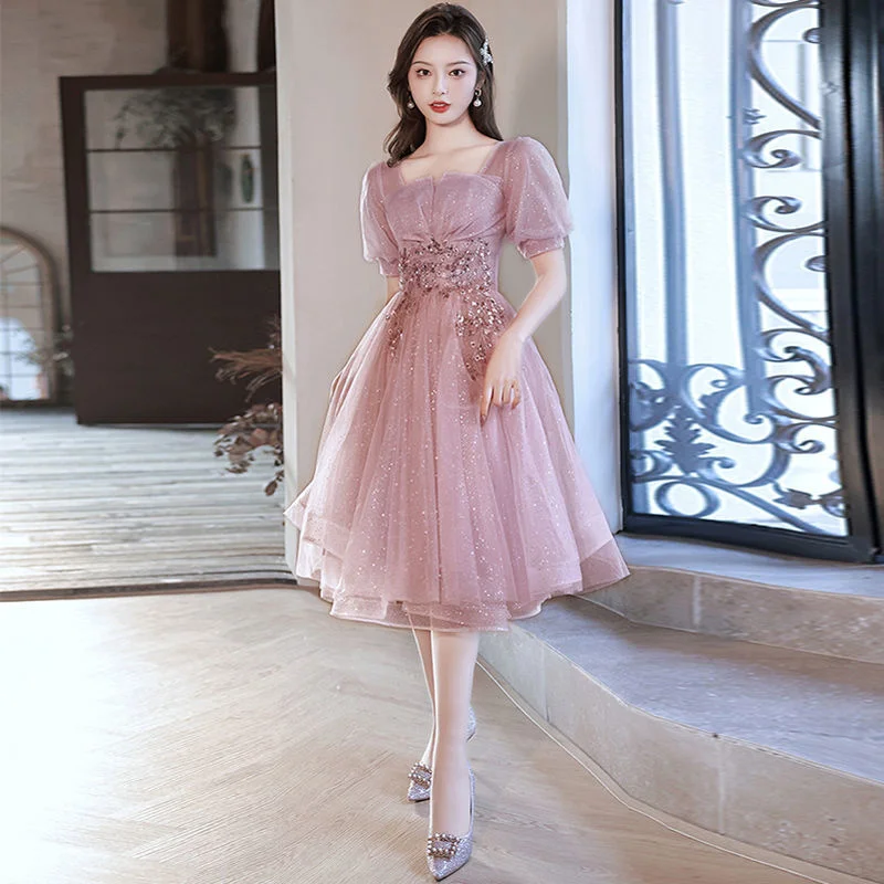 Dress Women Elegant Sequin Square Neck Solid Color Short Sleeve Mid-length A-line Skirt Spring Summer Female Clothing Pink 4XL