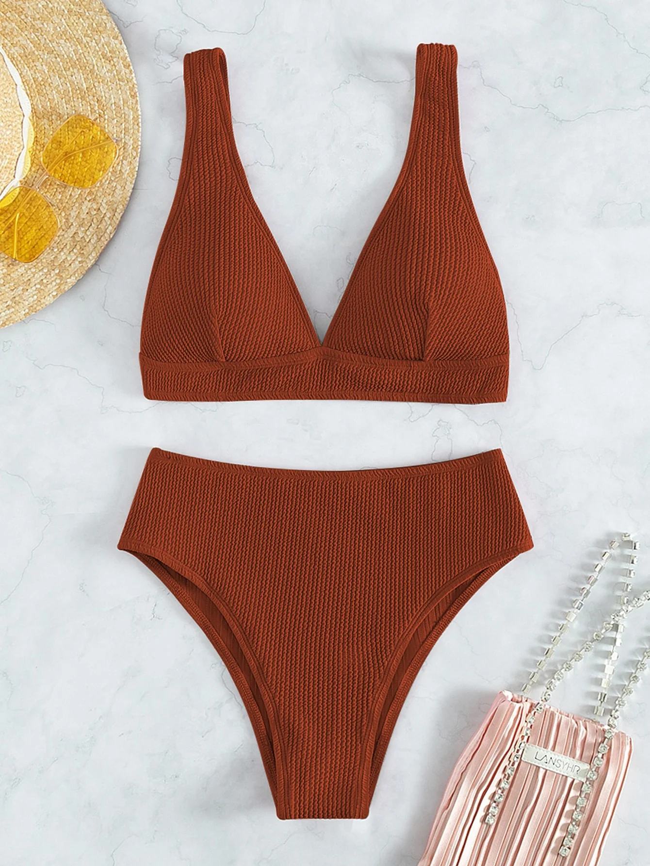 

Women's Textured Triangle Bikini Set - High Waist Thong Swimsuit, Ribbed Two Piece Bathing Suit for Beach & Pool, Fashionable Sw