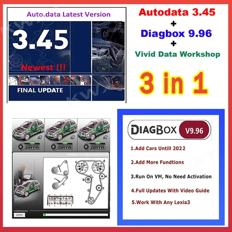 

3 в 1 Автоматические данные 3,45 + Diagbox 9,96 + Яркая мастерская данных Удаленная бесплатная установка Ремонт автомобиля Автоматическая диагностика Виртуальная коробка данных