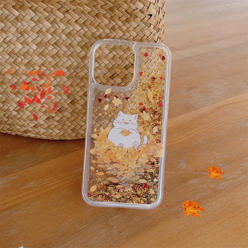 Brilliant Dynamic Quicksand Case for iphone 15 14 Pro Max 16 Soft Clear Funda Cartoon Cute Cat Cover Shine Gold Sand Phone Capas