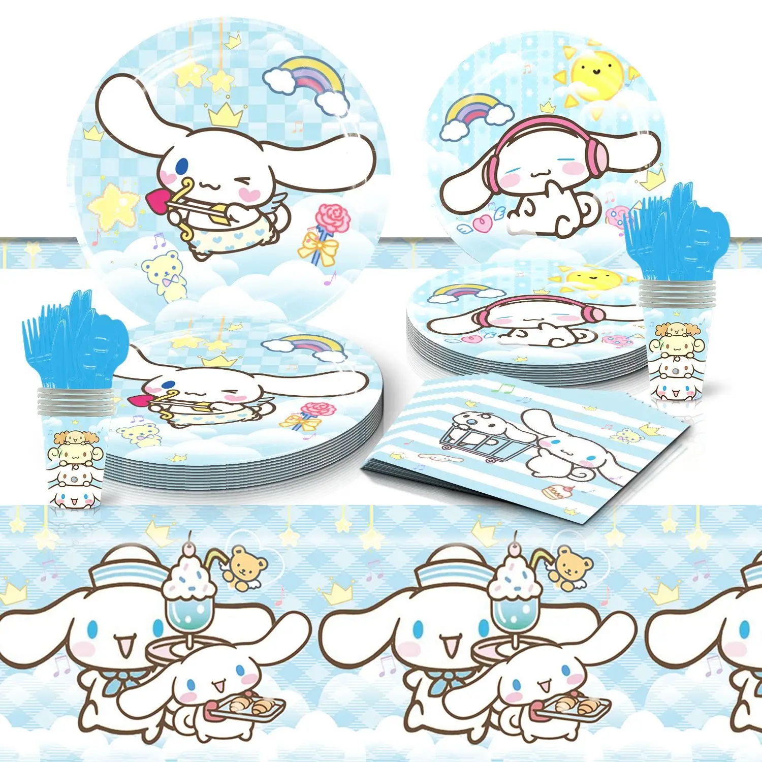 Sanrio Cinnamoroll Anime Disposable Party Supplies Paper Plates Paper Cups Tablecloths Birthday Party Atmosphere Decoration Set