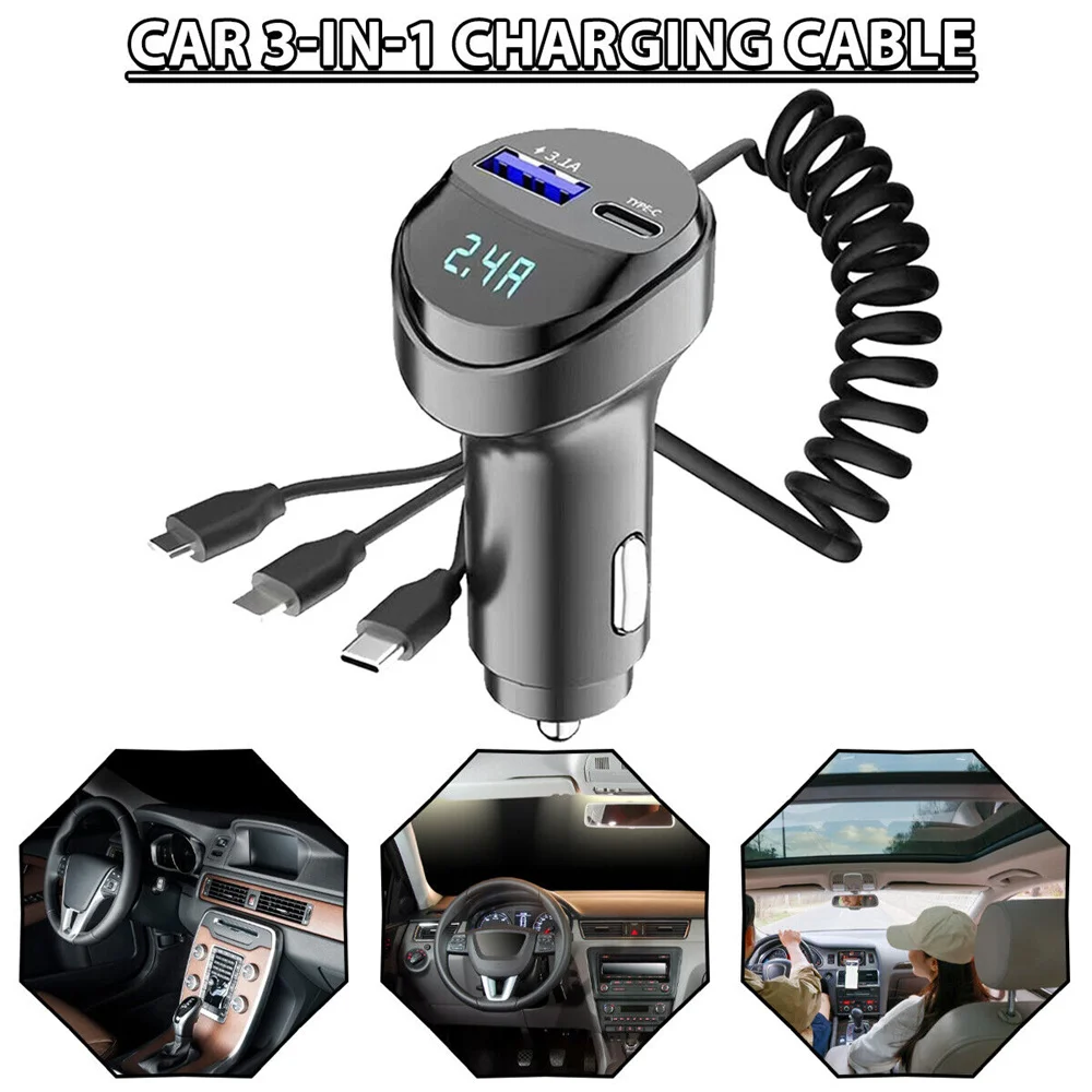 55W 2 Ports USB Fast Car Phone Charger 3.1A with Voltage Display Car Three In One USB Retractable Charging Cable