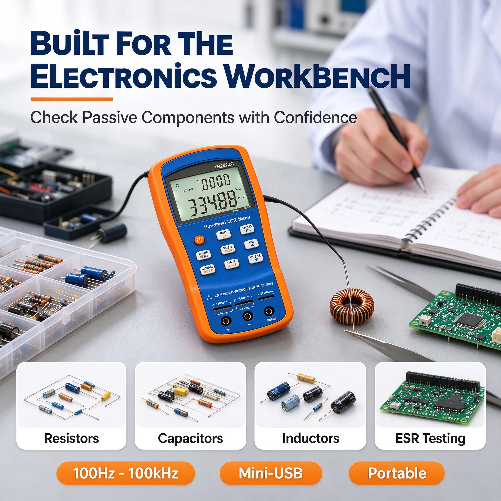 TH2822C Handheld Digital LCR Meter 100KHz ESR Tester Inductance Capacitance Resistance USB for Electronic Repair DIY