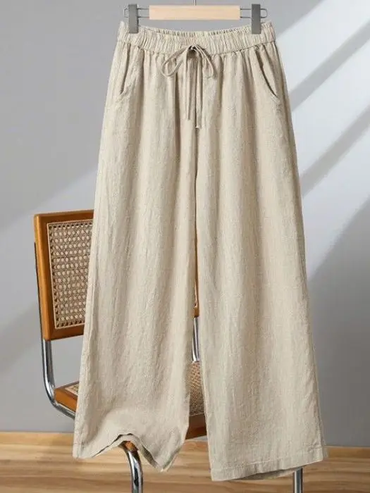High Waist Draped Wide Leg Pants Women's Summer New Loose Cotton Linen Casual Trousers Drawstring Straight Leg Comfortable