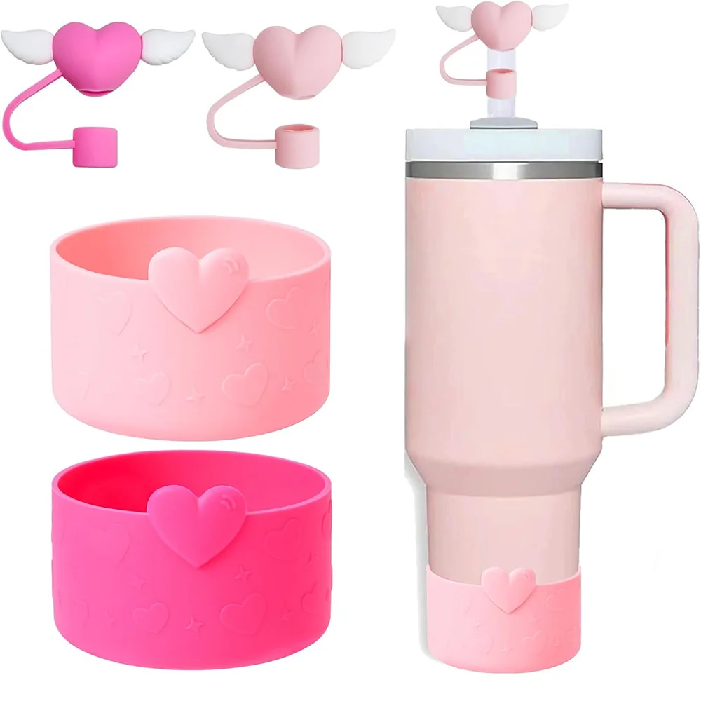 4-teiliges Herz-Cup-Zubehör-Set für Stanley 30oz 40oz Tumbler Cup, inklusive 2 süßen Strohhalm-Abdeckkappen und 10-mm-Strohhalm-Topper