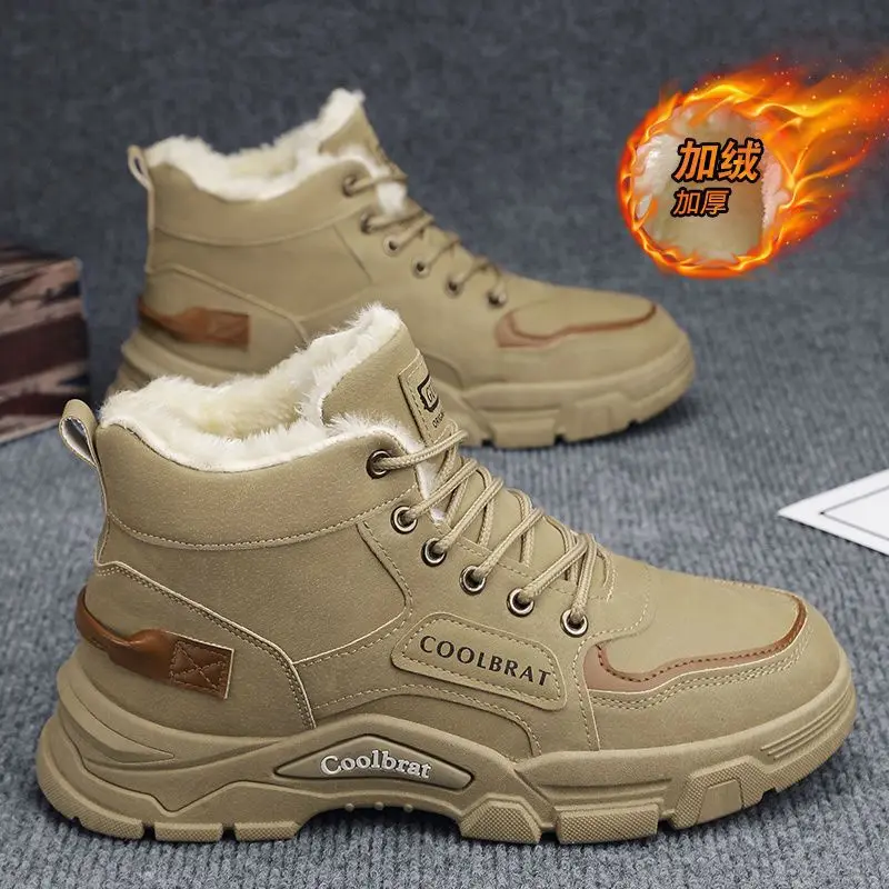 High top men's shoes 2025 winter new workwear style outdoor hiking winter with added fleece cotton shoes men's boots