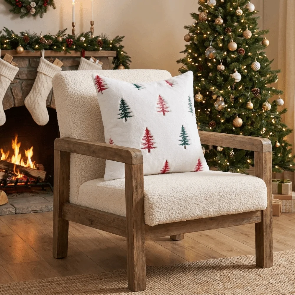 Home Decor Soft Fluffy Christmas Pillow Cover Xmas Tree Cozy Holiday Pillowcase No Pillow Core Square Throw Pillow Cover Sofa