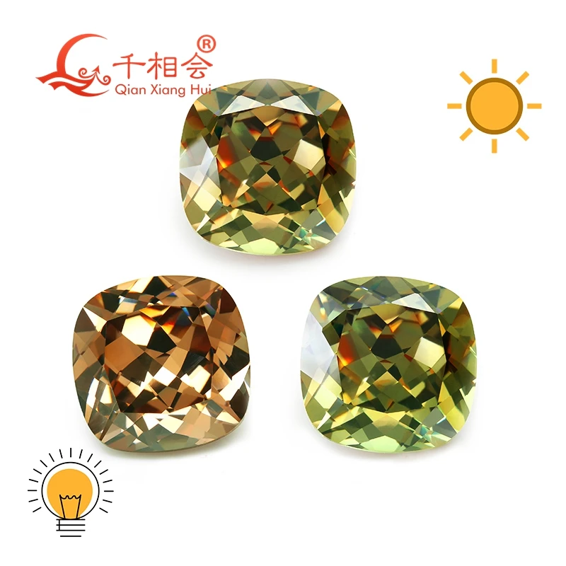 Zircone cubique en forme de coussin, pierre en vrac, pierre CZ, couleur changeante, vert et jaune, zircone de dinde, gibbsite et zultanite, 8x8mm, 12x12mm