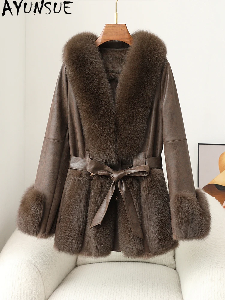 

AYUNUSE 2025, зимняя куртка из натурального кроличьего меха, женская одежда, женская куртка с воротником из лисьего меха, верхняя одежда средней длины, Ropa Para Mujer