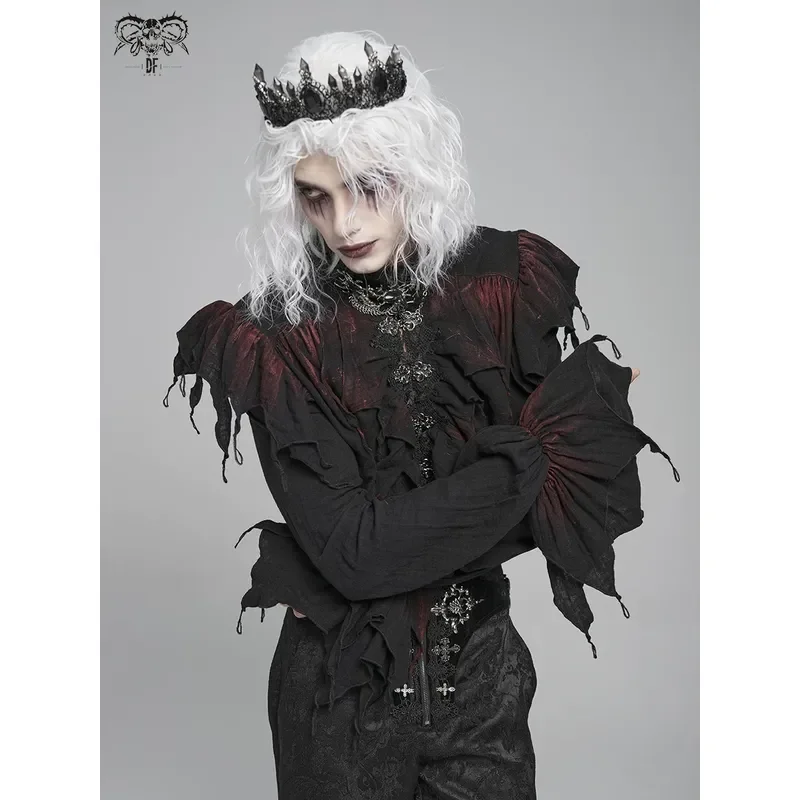 Goth Punk Double Mesh Long Sleeve Shirt Hand Painted Burgundy Top Alternative Fashion SHT148