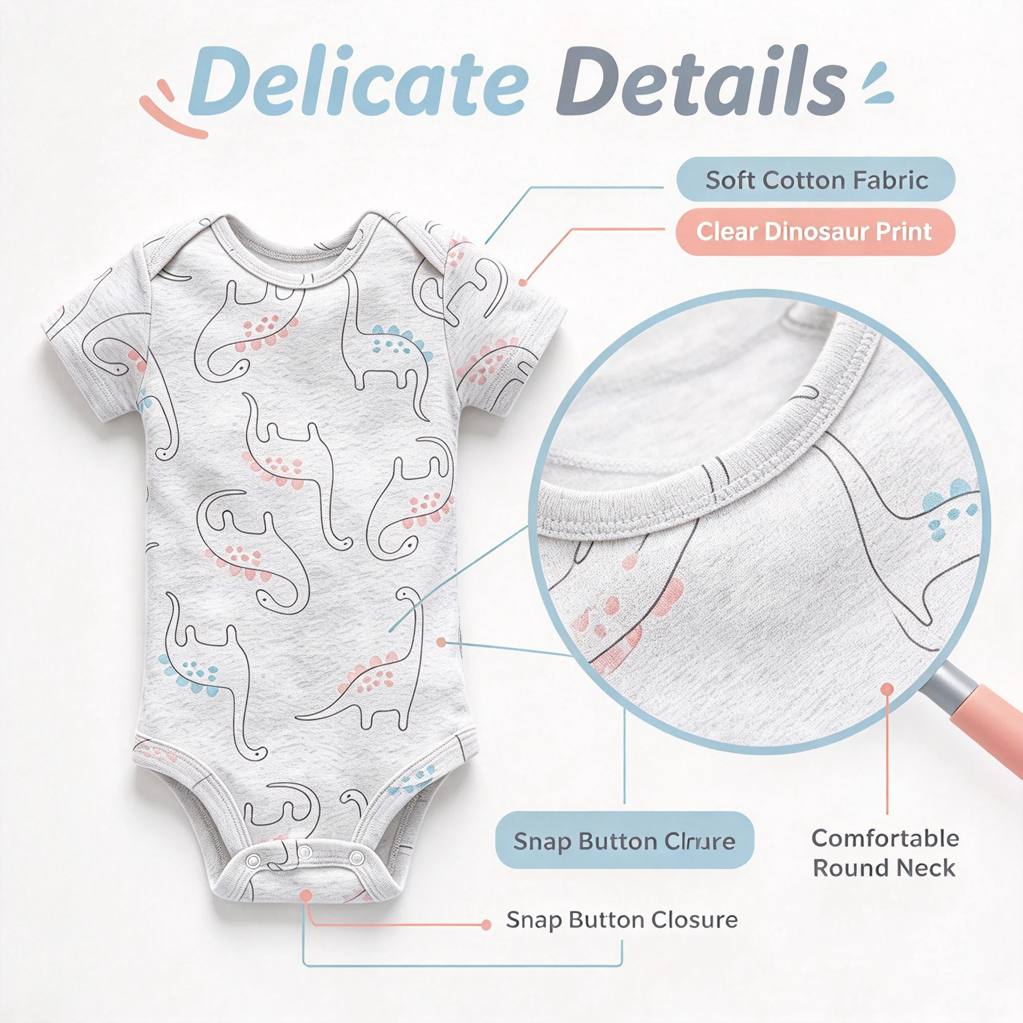 Dinosaur Print Baby Bodysuit 3-24M Unisex Short Sleeve Cotton Infant Romper Snap Crotch Onesie