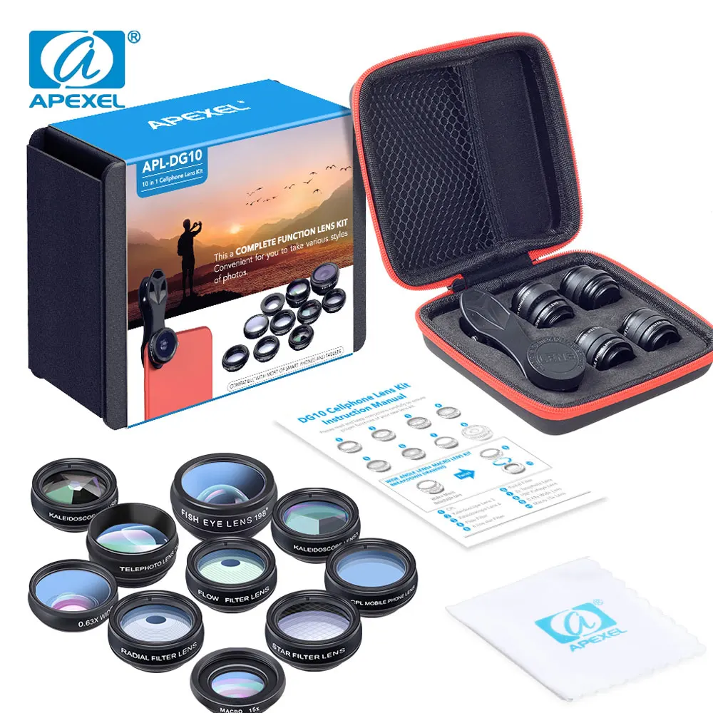 

APEXEL CellPhone Lens 10 in 1 Kit Fisheye Wide Angle Telescope Macro Camera Lenses For IPhone Samsung Huawei Xiaomi Phone Lens