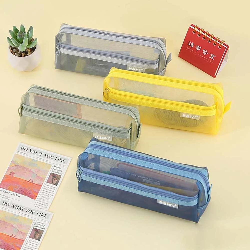 Stationery Double Mesh Pencil Bag Transparent Coin Purse Mesh Zipper Case Large Capacity Document Bag Zipper Pouch Boys/Girls