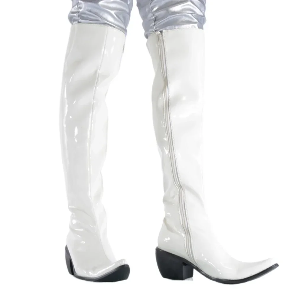 Men's Leather High Heels Riding Boots Zip Stage Perform Clubwear Over-the-Knee Western Thick Sole Pointed Toe Long Boots White