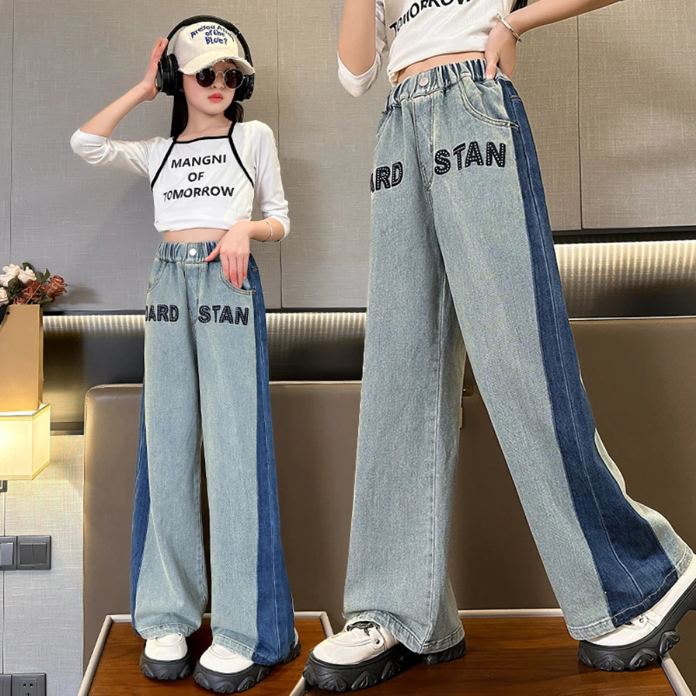 Fashion Girls' Jeans Kids 120-170cm Spring and Autumn 2024 New Trendy Children's Leisure Wide Leg Pants Girls Straight leg Pants