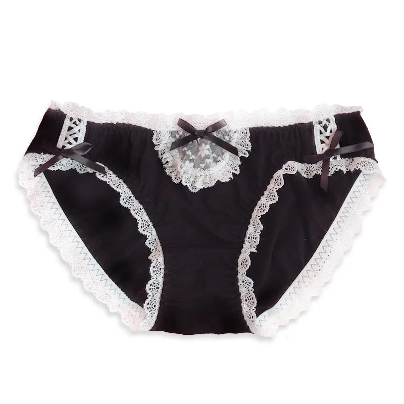 Sous-vêtements japonais en dentelle modal noir et blanc pour femmes, lingerie mignonne en coton, culotte sexy Kawaii
