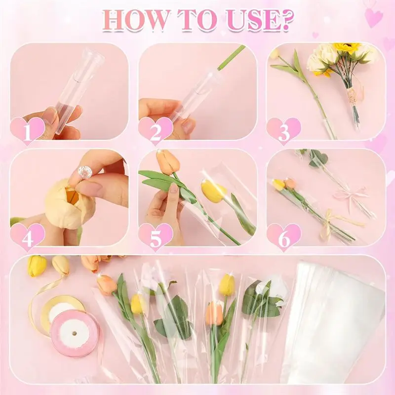 SEWS-50 Pcs Single Rose Sleeve With Floral Water Tubes For Bouquets Valentine's Day Mother's Day For Valentine's Day Mother's Da