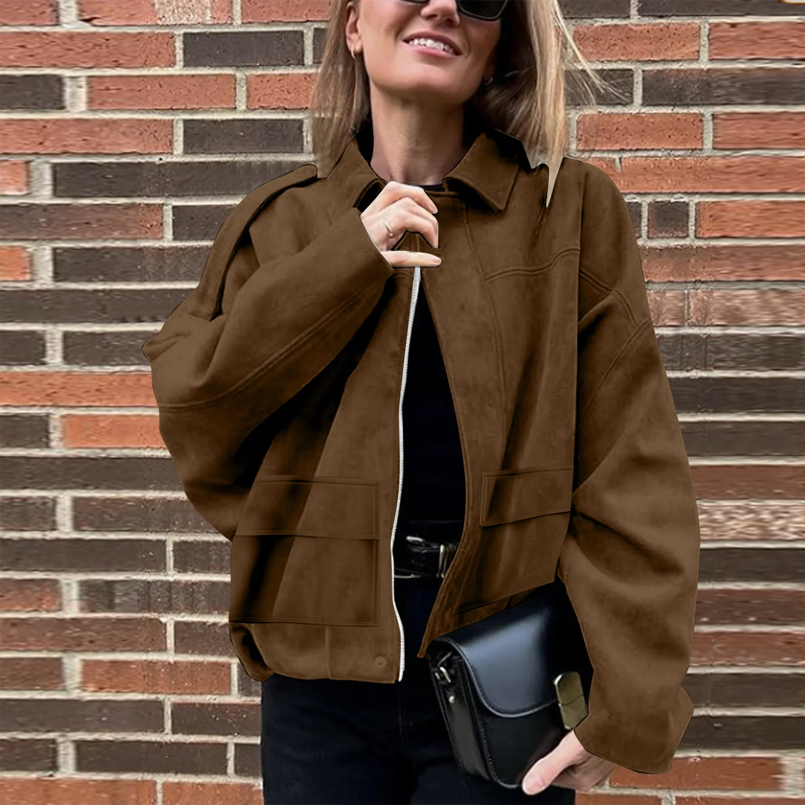 

Fashion Women Loose Causal Bomber Jackets 2025 New Chic Lapel Zipper Batwing Sleeve Solid Coats High Street Ladies Jackets