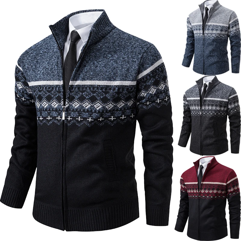 Autumn Winter Men's Casual Cardigan Jacquard weave Stand Collar Sweater Fashion Warm Zipper Coat