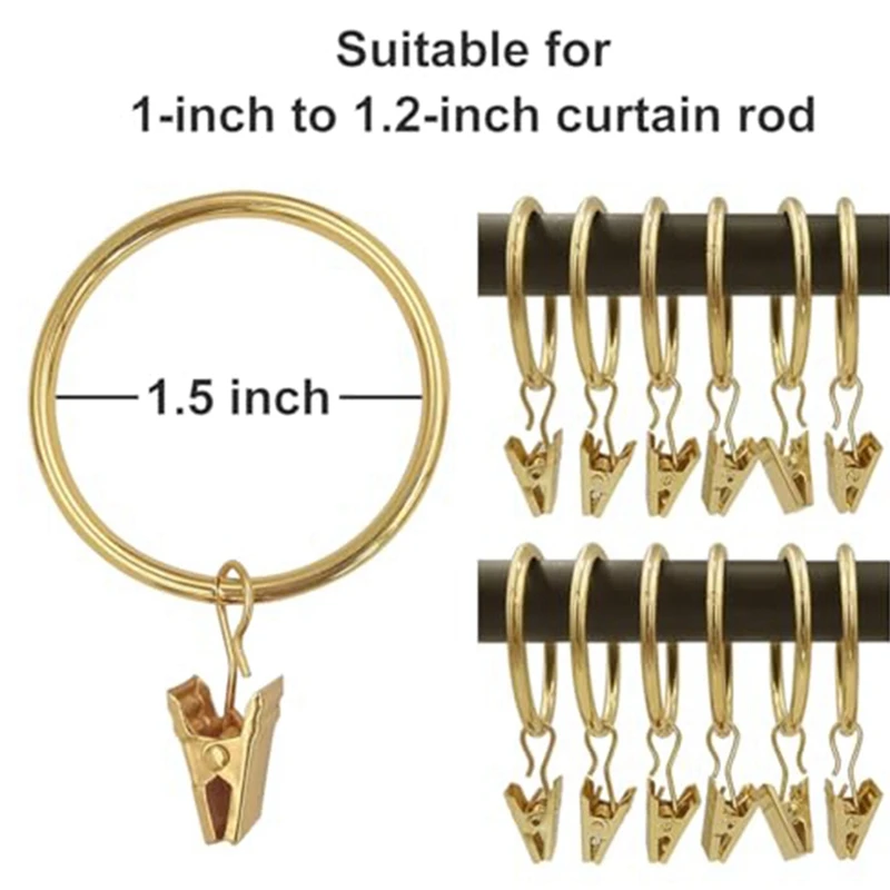 40 PCS Curtain Rings with Clips, Rings Hooks,1.5 Inch Diameter Fits Up to 1.2 Inch Rod,Drapery Rings Gold-A27R