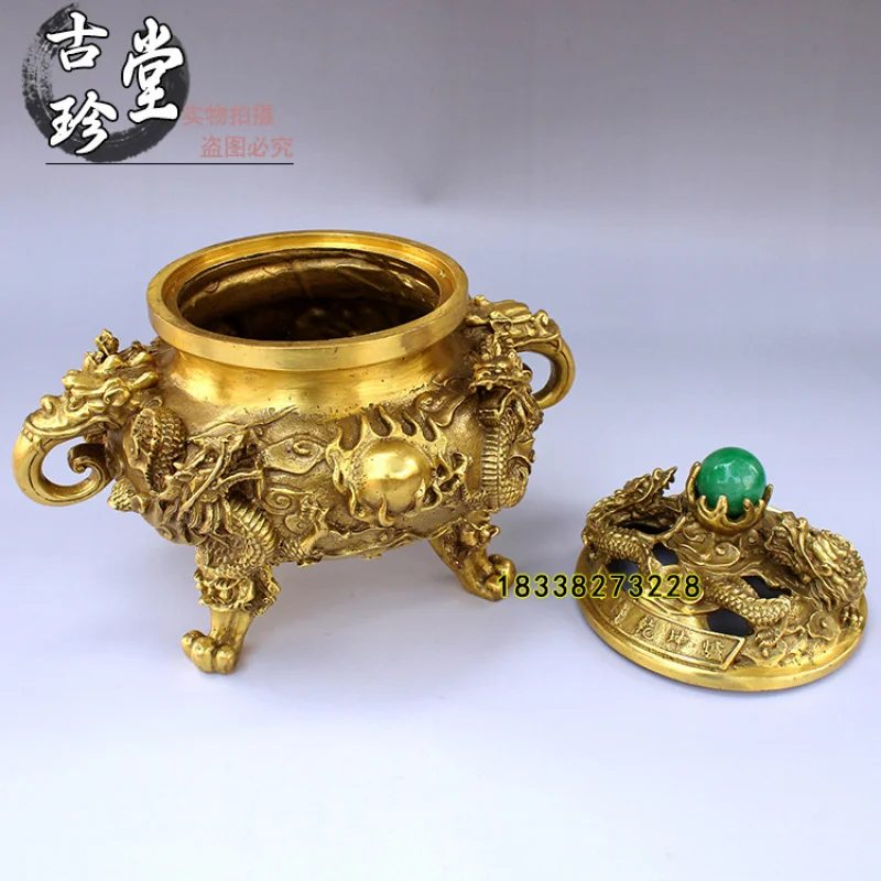 Pure Copper Nine-Dragon Ornament, Antique-Style Three-Legged , Buddhist Supplies, Incense Burner Fo