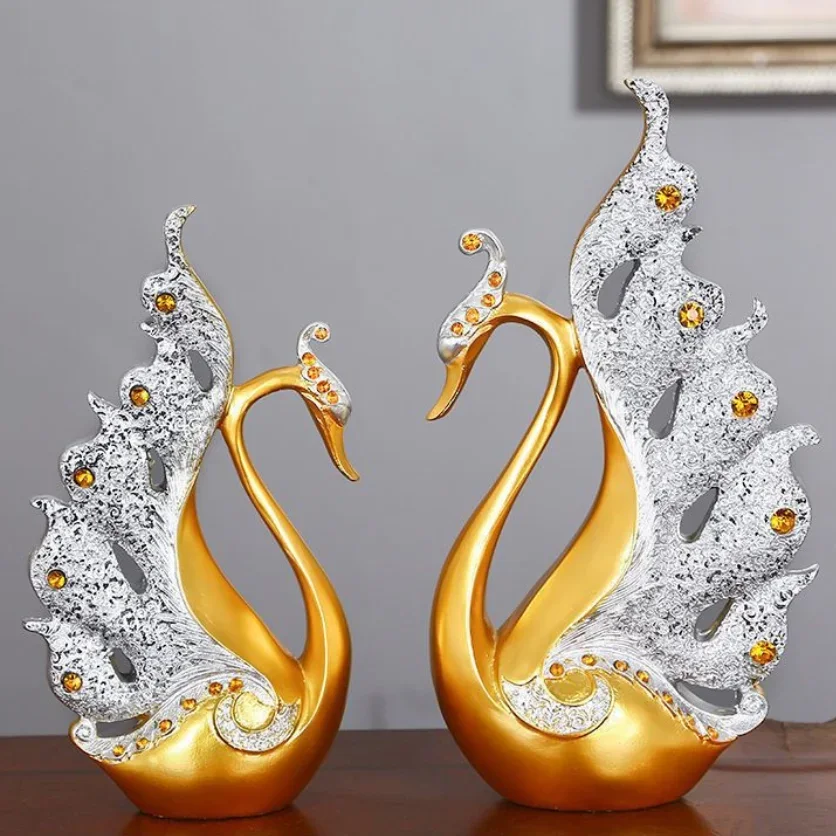 A pair golden swan lovers for home 、office decoration ceramic crafts porcelain animal statues wedding decoration, lovers' gifts