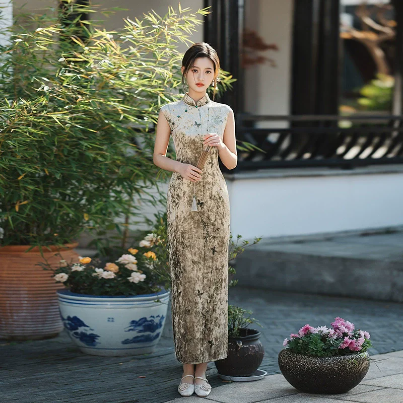 

Chinese Style Vintage Mandarin Collar Qipao New Long Cheongsam Women's Elegant Qipao Sleeveless Dress Sexy Vestidos