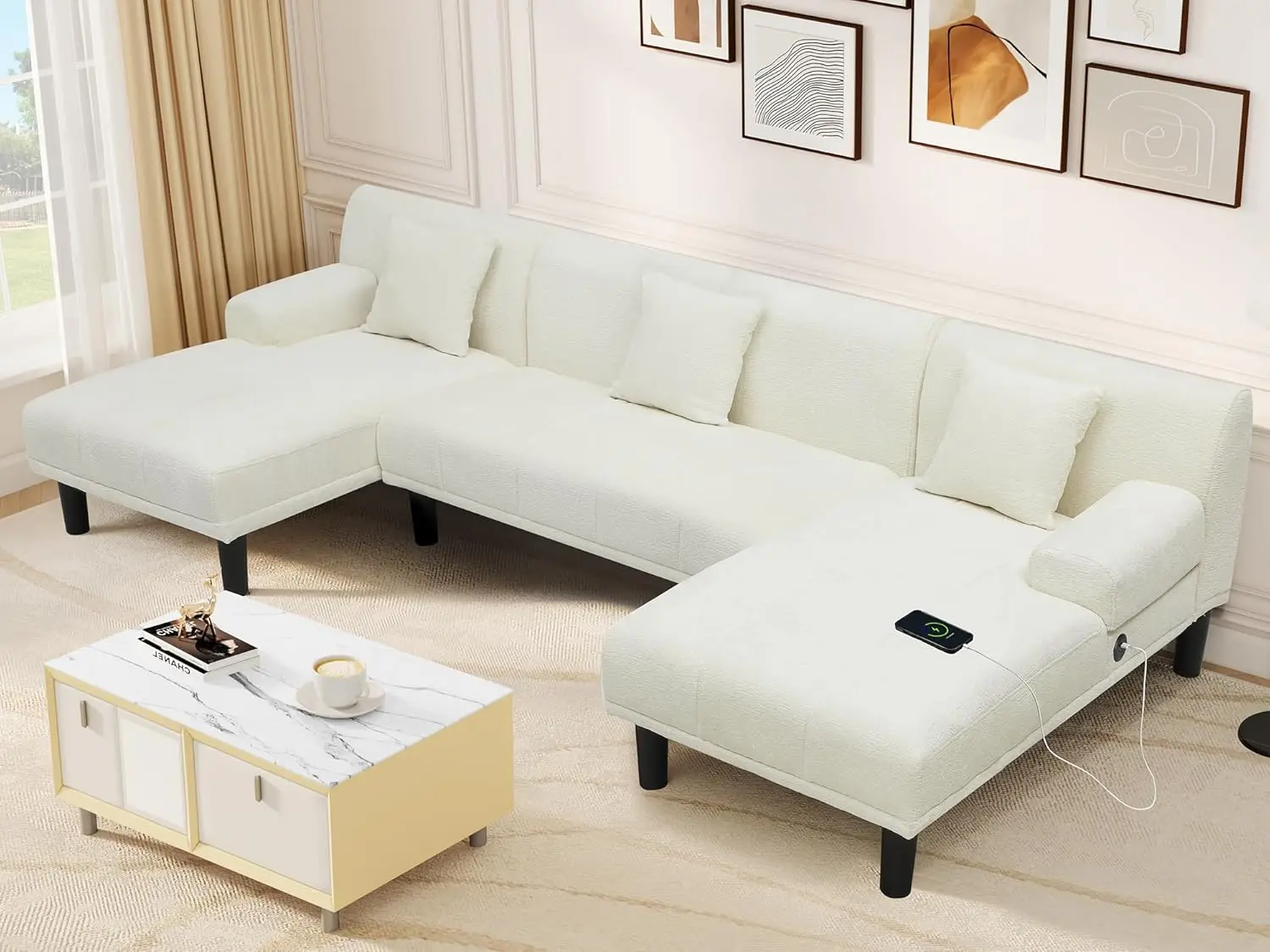 Canapé moderne en chenille en forme de U, canapés sectionnels pour salon, double chaise, ports de charge USB et type C