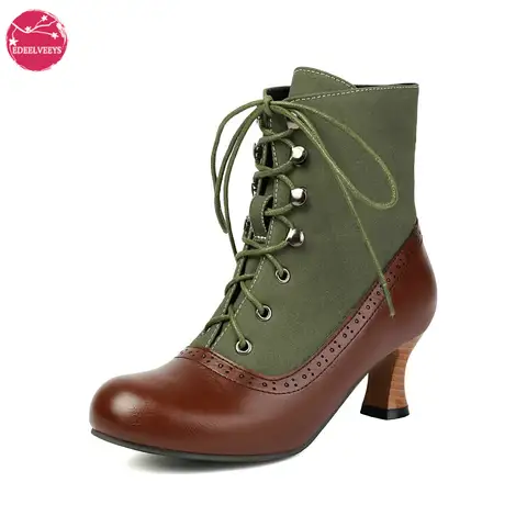 Autumn Women's Vintage Victorian Ankle Boots - Lace Up Round Closed Toe Wingtip, Two-Toned Short Boots, Comfortable  Dress Shoes