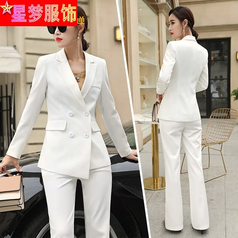 9311Long Sleeve Solid Color Double Breasted Suit Fashionable Jacket White Business Wear Formal Suit Work Clothes Bell-Bottom Pan