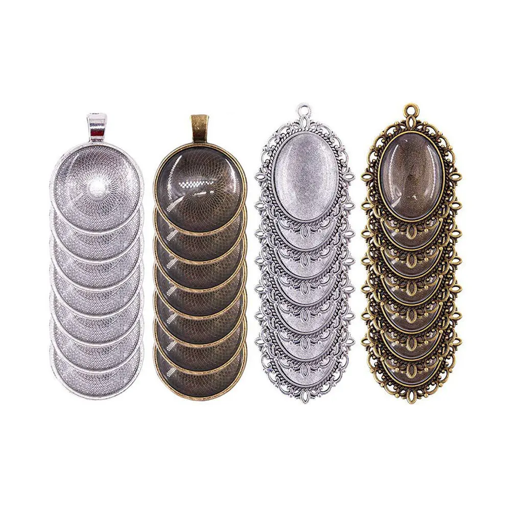 

64Pcs Lace Oval Round Green Silver Metal Pendant DIY Accessories for Necklace Bracelet Earring Keychain Jewelry Making