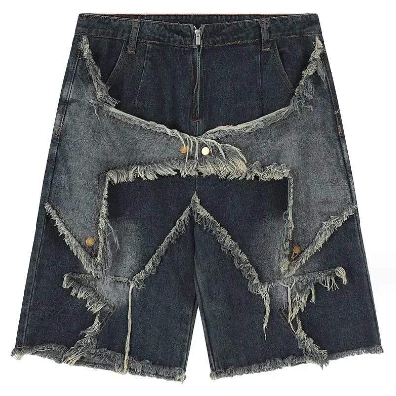 

Vintage Tassel Star Denim Shorts Splicing Loose Jeans Shorts 2023 Men Hip Hop Streetwear Harajuku Y2K Shorts Summer w531